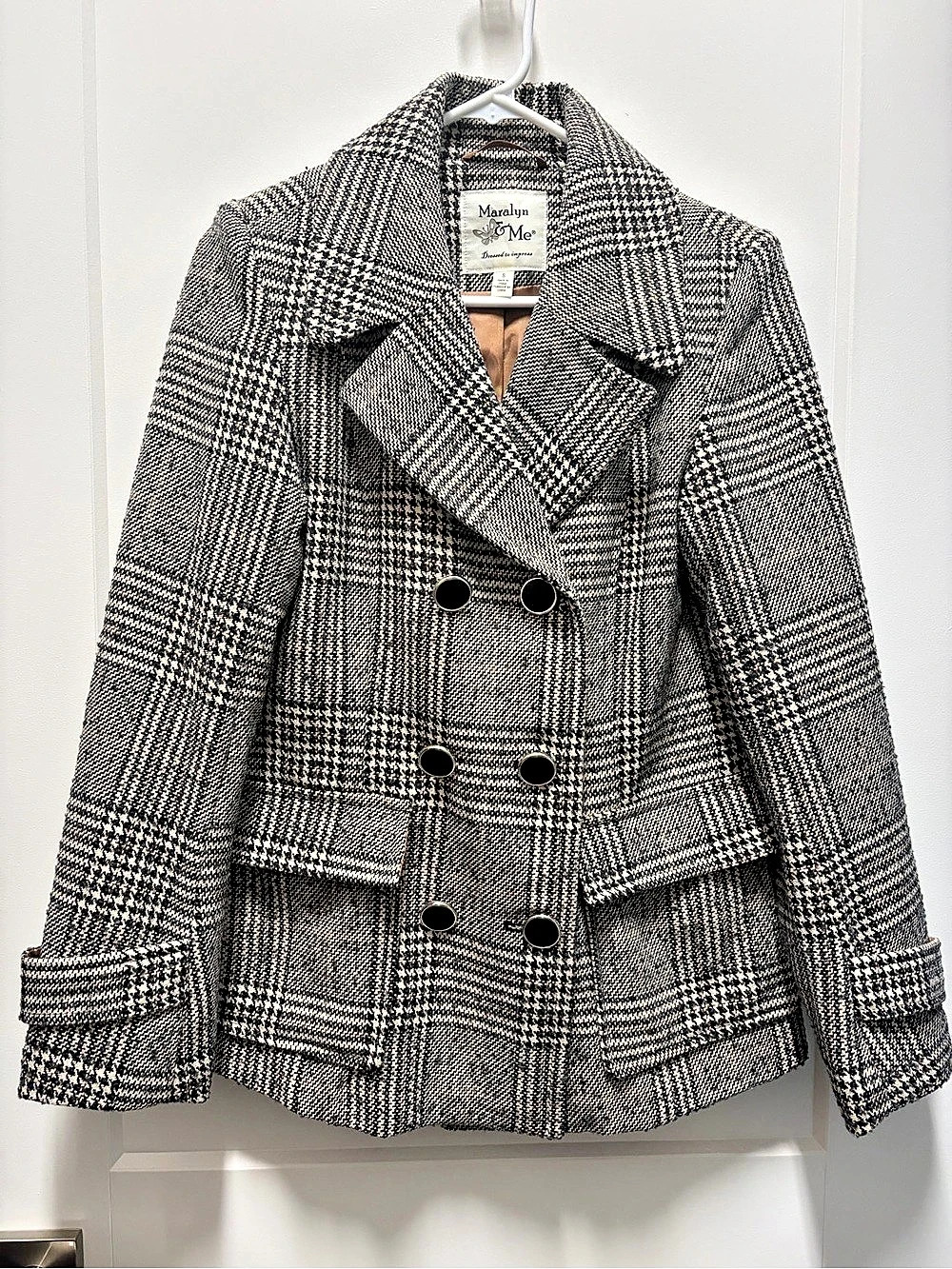 Maralyn & Me Plaid Pea Coat in Black, Cognac & White Size Small Like New